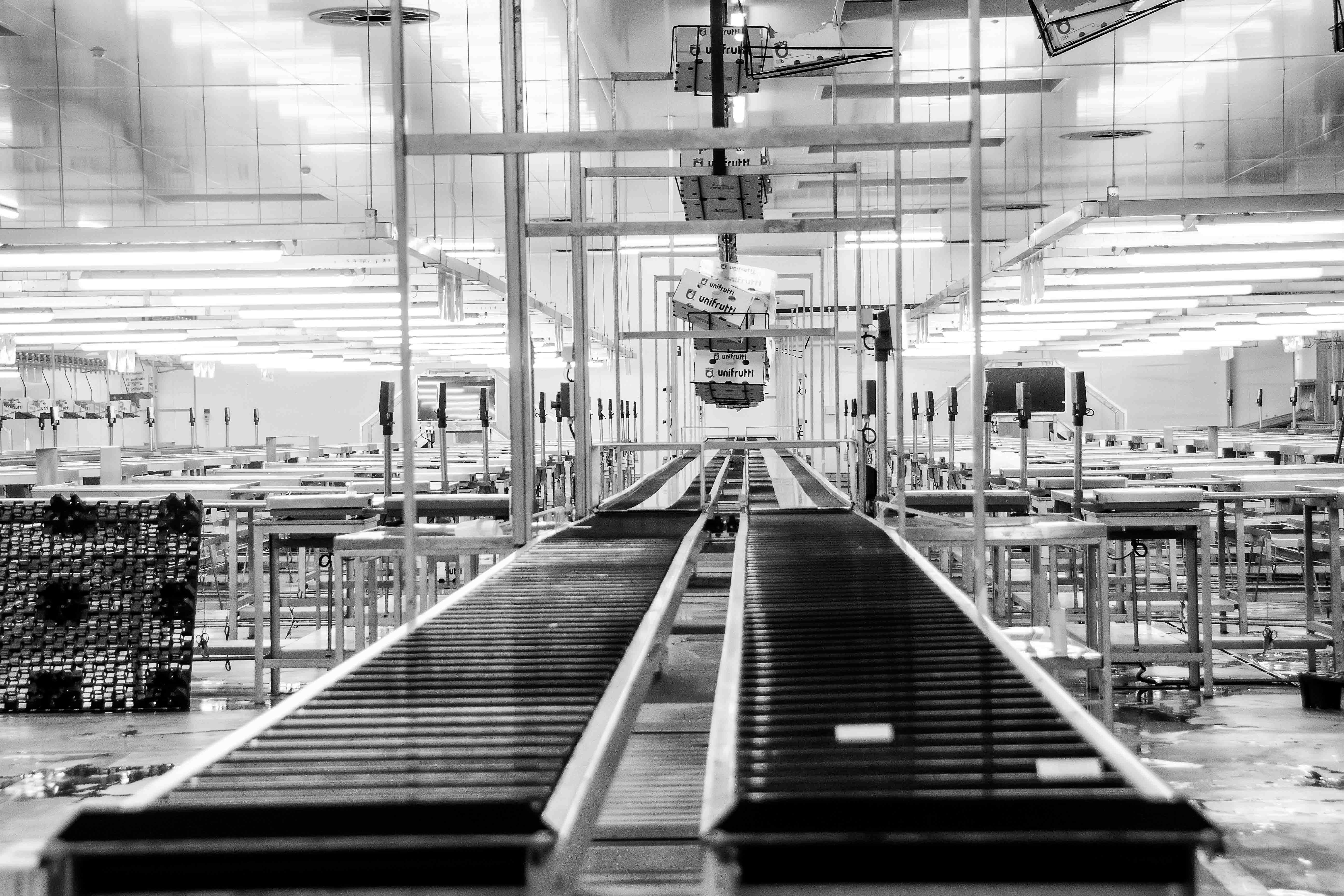 Modern industrial conveyor system inside a spacious factory