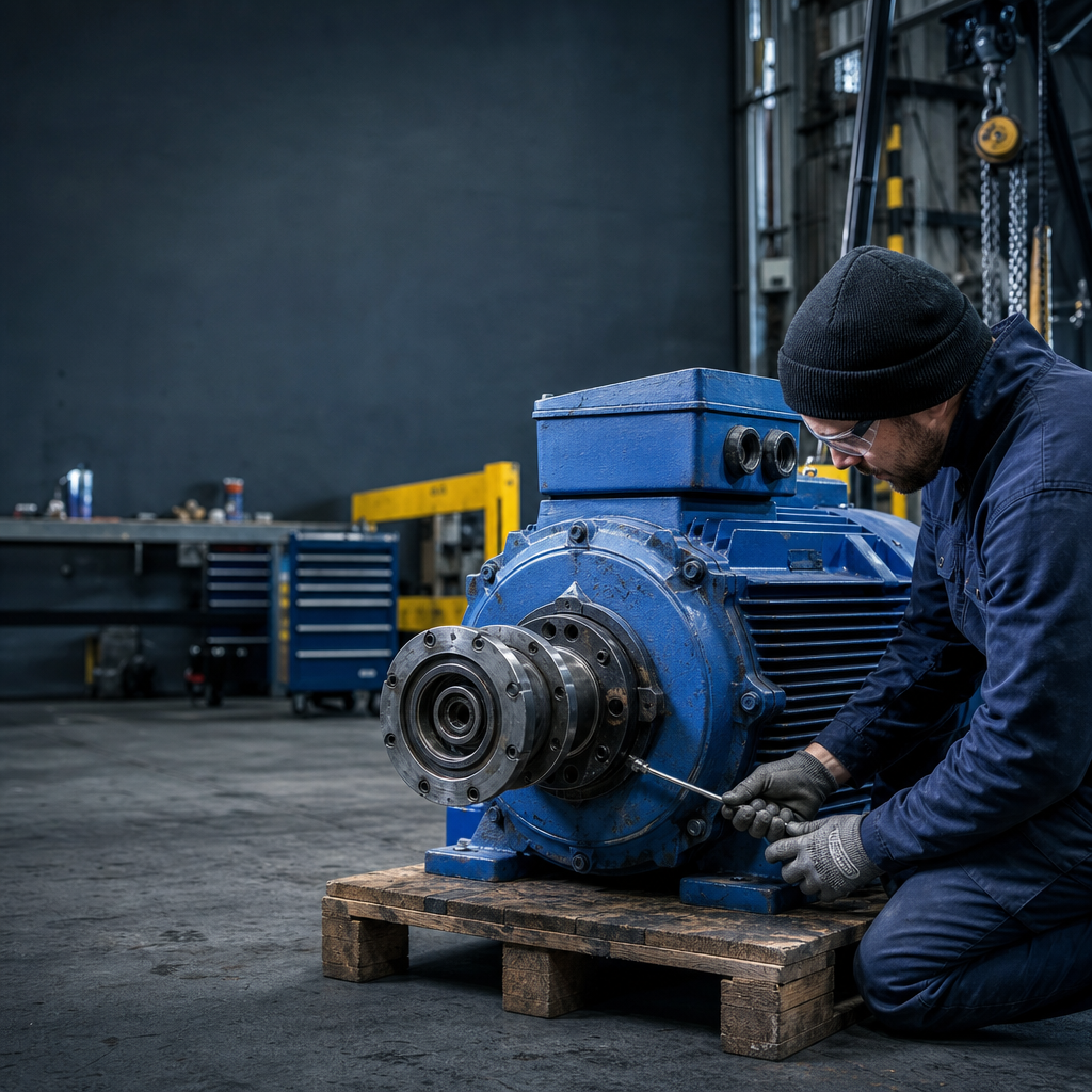 Illustrative visual of a technician servicing a blue industrial motor