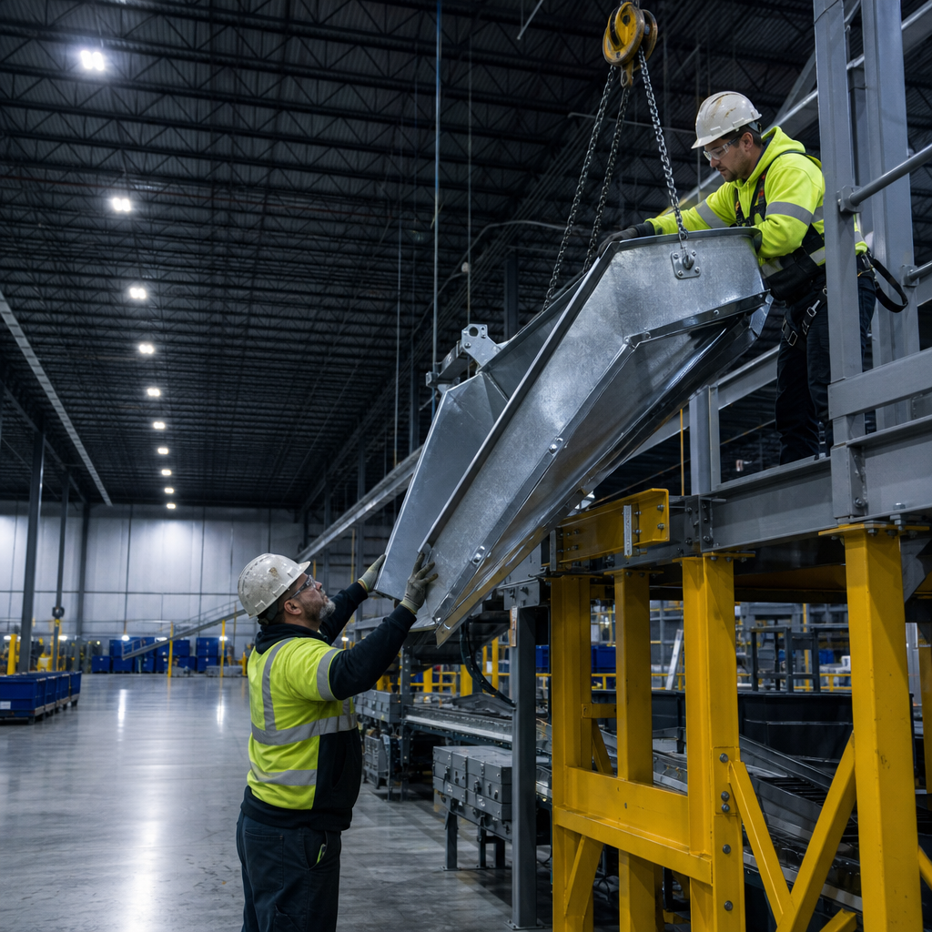 Illustrative visual of workers installing a metal sorting chute